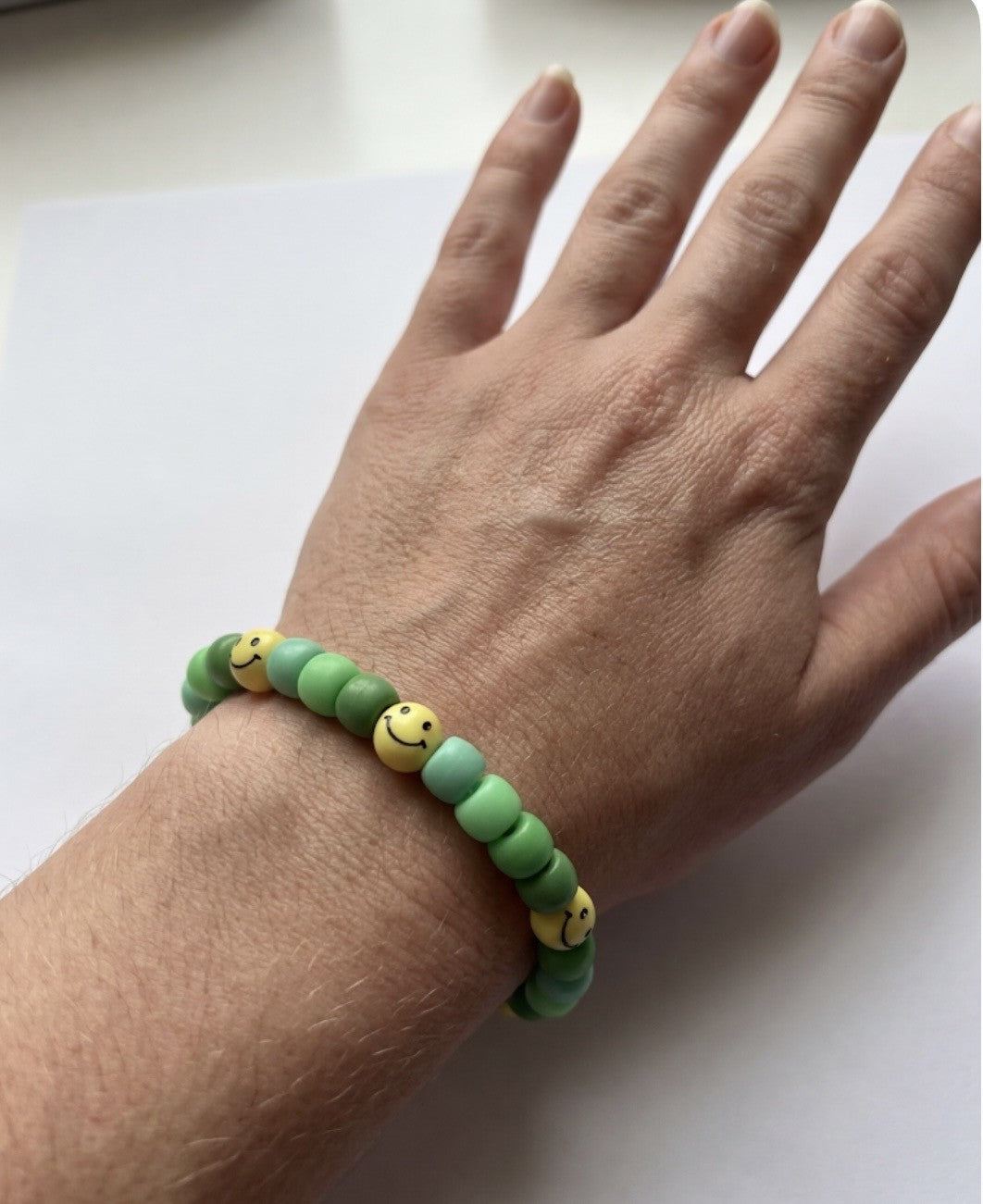 Green Smiley Face Beaded Bracelet – Handmade Stretch Bracelet, Fun Kids Jewelry Gift