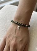 Green Beaded Moon Bracelet – Handmade Stretch Bracelet with Crescent Charm, Nature Inspired Jewelry