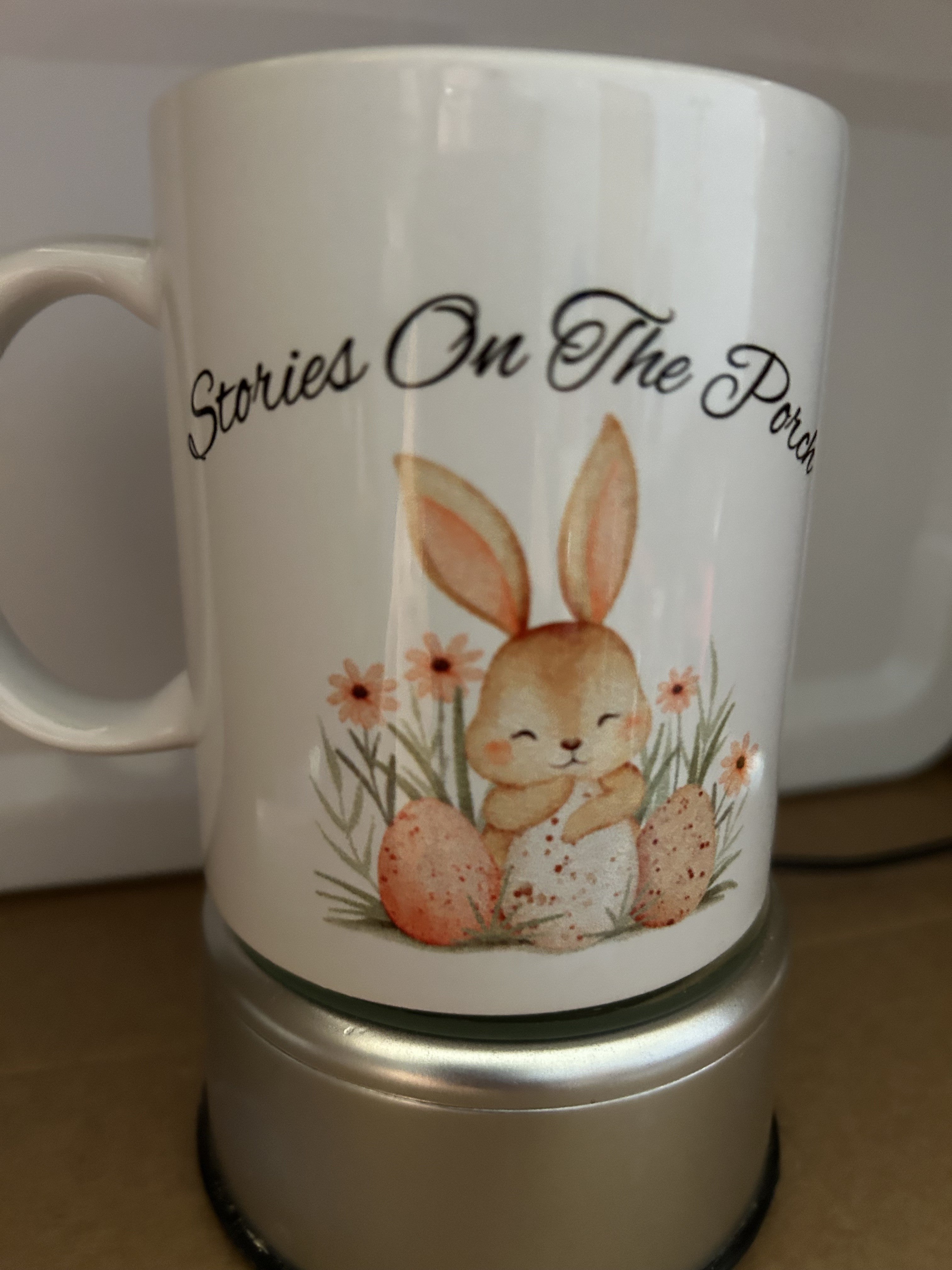 Easter Bunny Coffee Mug – “Stories on the Porch” Spring Mug, Cute Bunny Gift, Handmade Mug