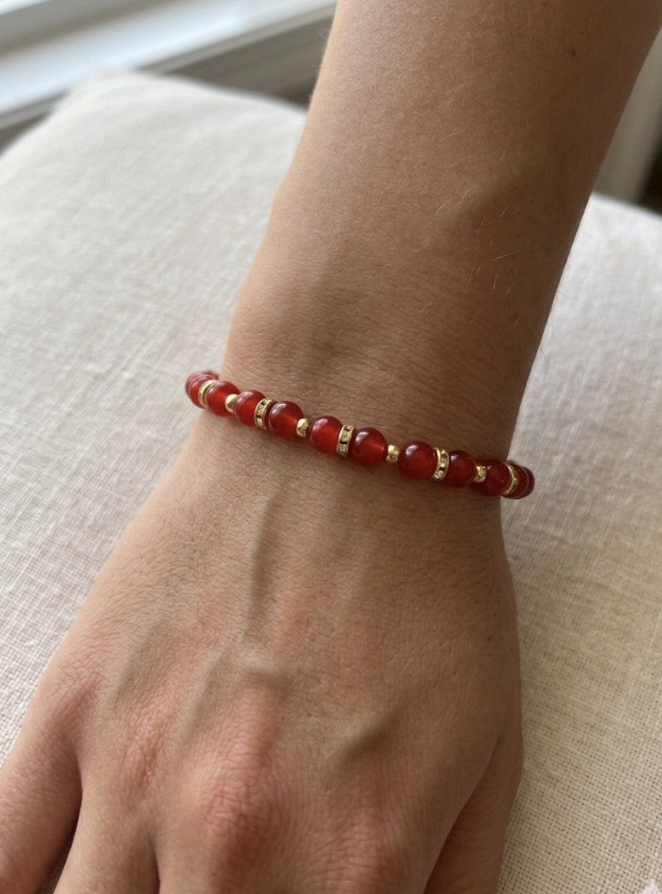 Red Beaded Bracelet with Gold Spacers – Handmade Stretch Bracelet, Elegant Everyday Jewelry
