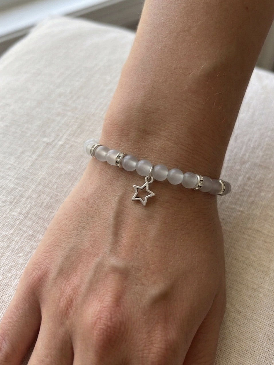 White Beaded Star Bracelet – Handmade Stretch Bracelet with Silver Star Charm, Elegant Minimal Jewelry