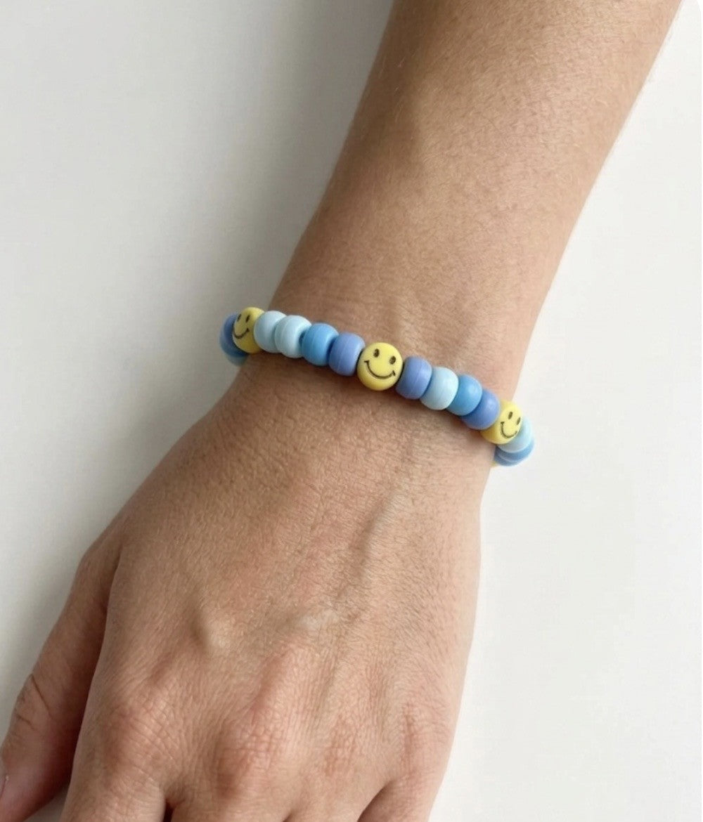 Blue Smiley Face Beaded Bracelet – Handmade Stretch Bracelet, Fun Kids Jewelry Gift