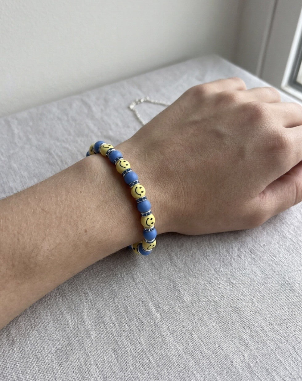 Blue Smiley Face Beaded Bracelet with Spacers – Handmade Stretch Bracelet, Cute Fun Jewelry