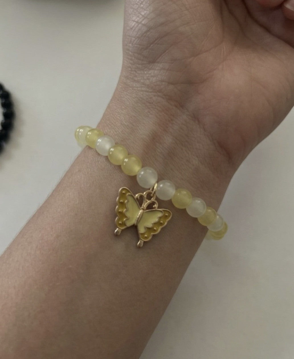 Yellow Beaded Butterfly Charm Bracelet – Handmade Stretch Bracelet, Soft Spring Jewelry Gift for Her