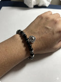 Black Beaded Heart Charm Bracelet – Handmade Stretch Bracelet, Simple Elegant Jewelry Gift for Her