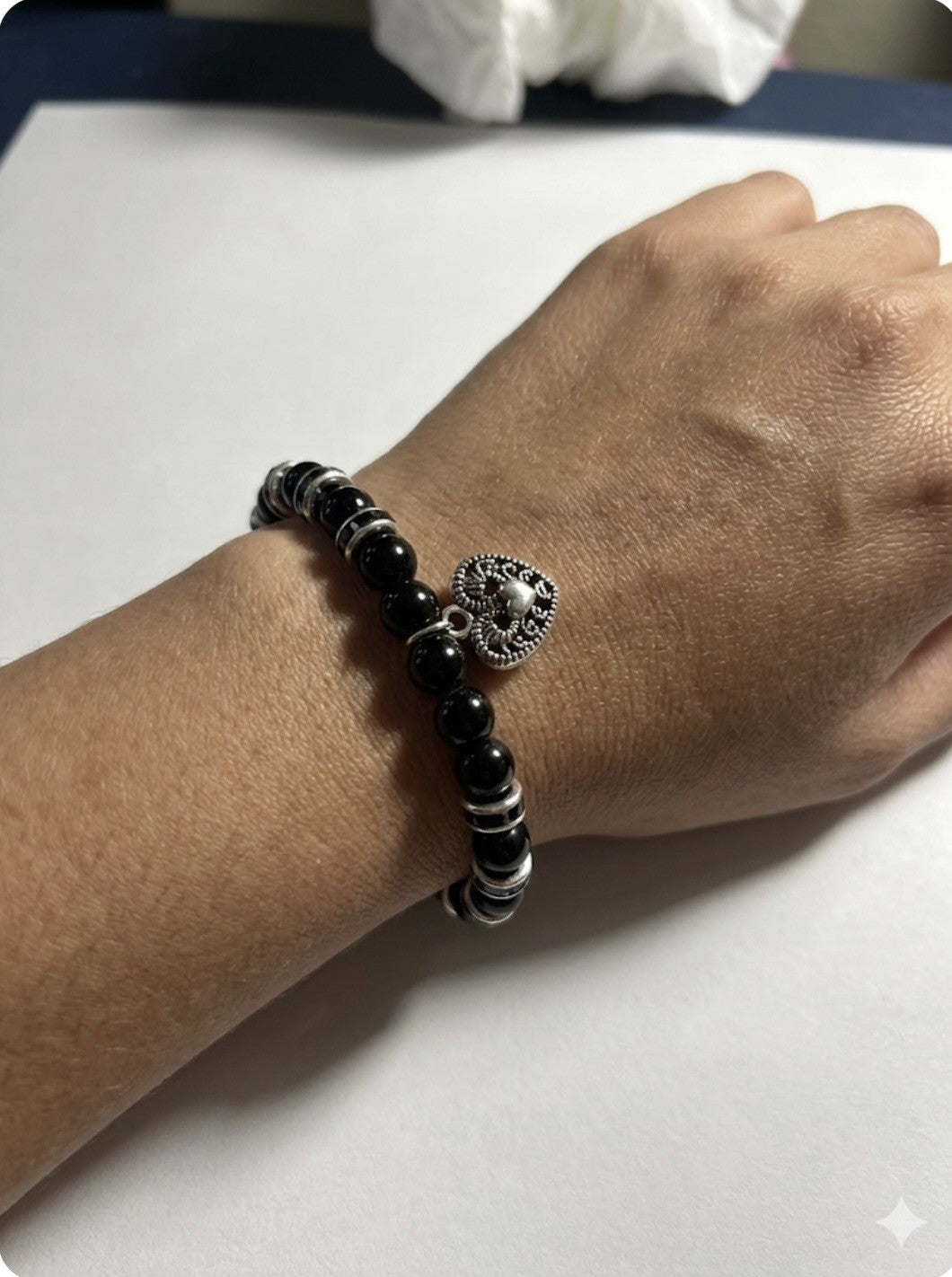 Black Beaded Heart Charm Bracelet – Handmade Stretch Bracelet, Simple Elegant Jewelry Gift for Her