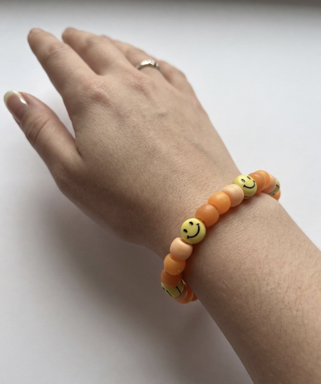 Orange Smiley Face Beaded Bracelet – Handmade Stretch Bracelet, Fun Happy Jewelry