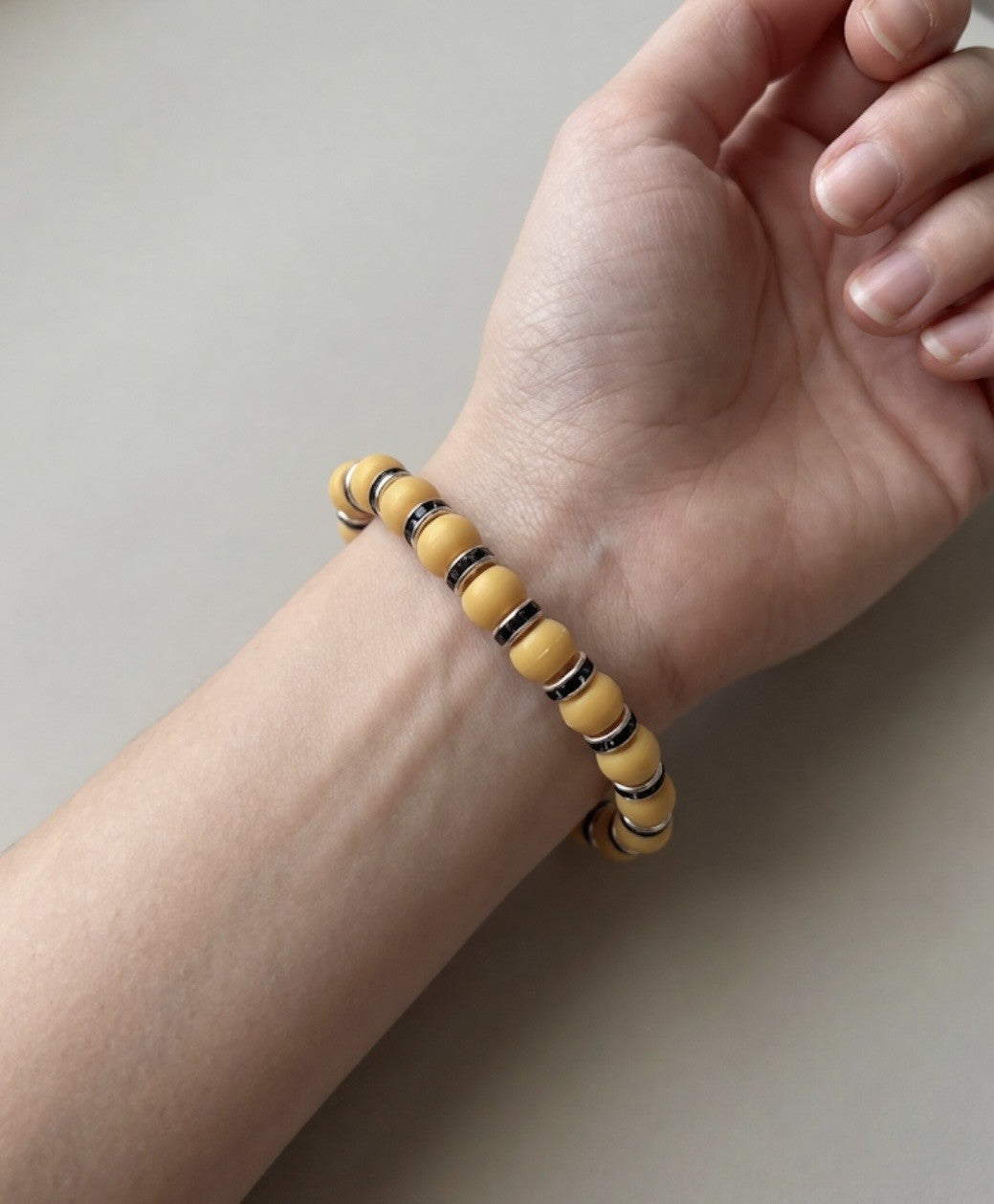 Yellow Beaded Bracelet with Black Accents – Handmade Stretch Bracelet, Simple Everyday Jewelry Gift