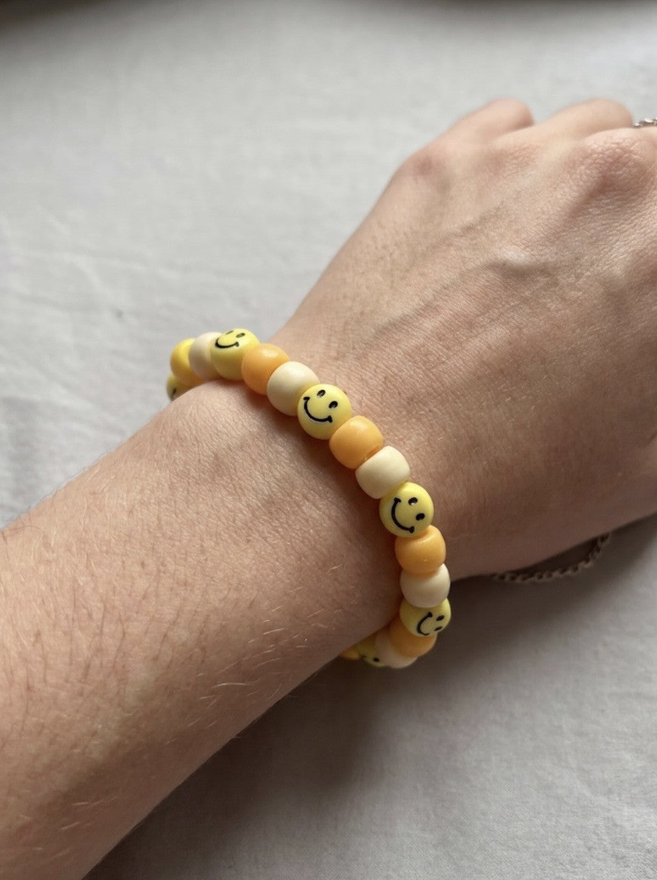Yellow Smiley Face Beaded Bracelet – Handmade Stretch Bracelet, Fun Kids Jewelry Gift